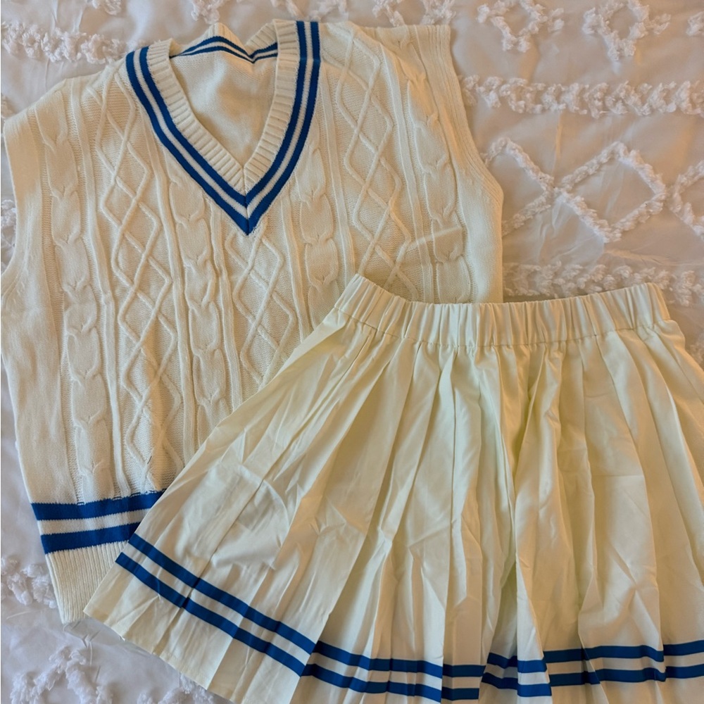 Ivory Knit Vest and Skirt Set with Blue Trim